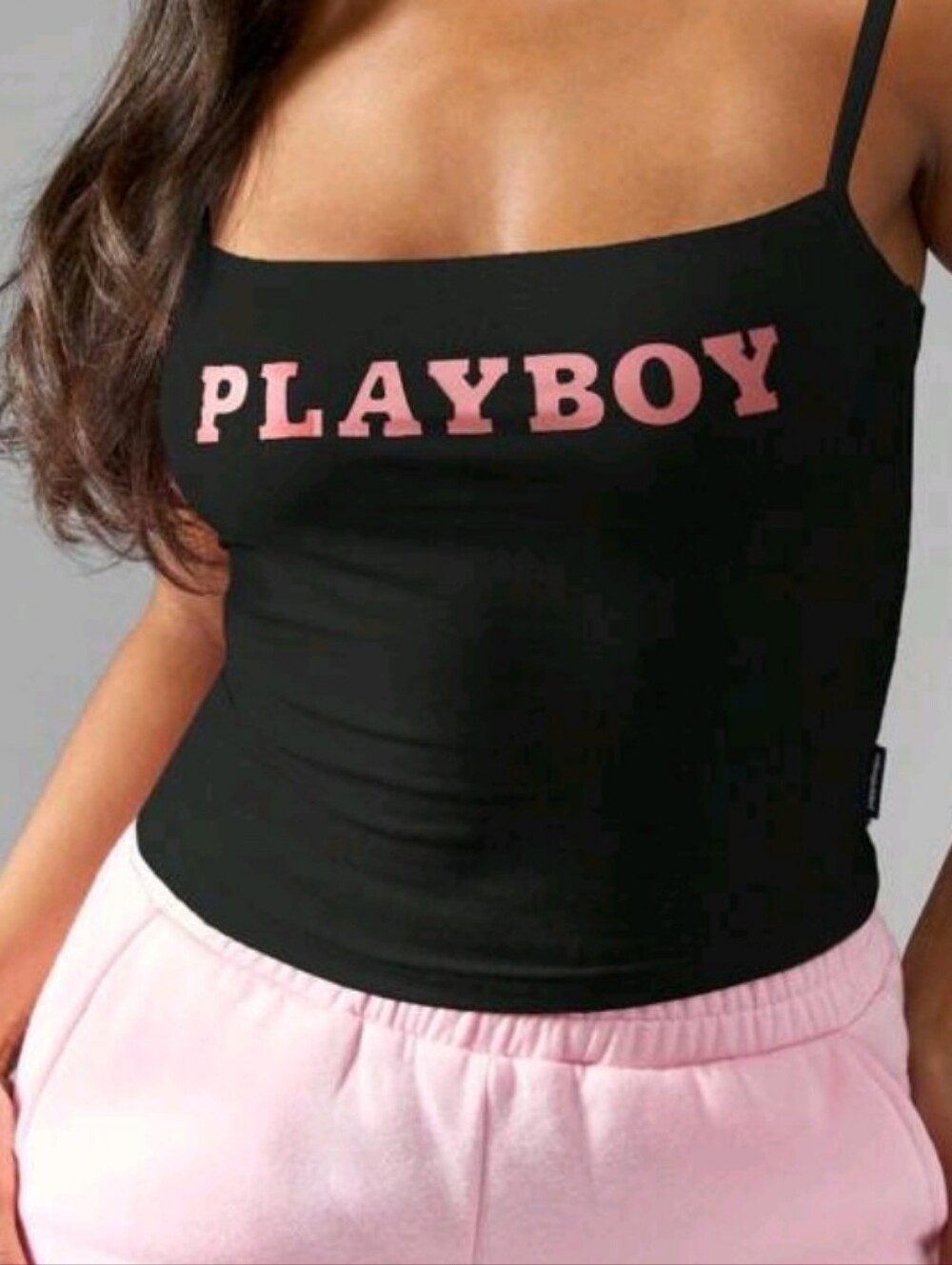 Playboy NWT Cami Tank Top Black With Pink PLAYBOY Logo Sleeveless Cotton Stretch